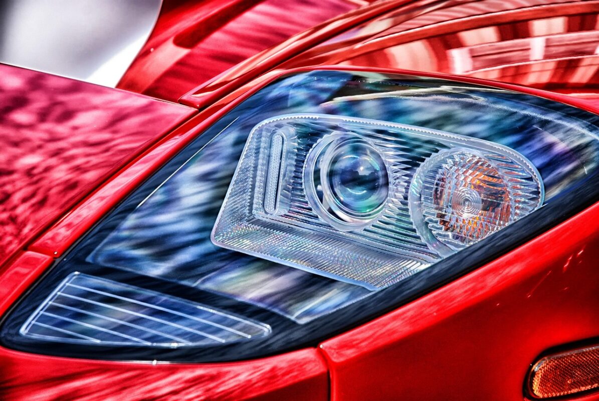 sports car, auto, automobile, hdr, front, headlight, sporty, red, sharp, vehicle, macro, close-up, headlight, headlight, headlight, headlight, headlight